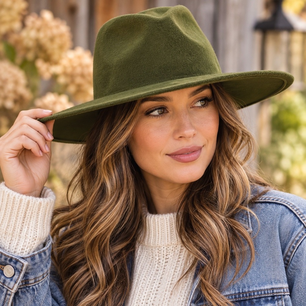 Olive Green Wool Felt Wide Brim Fedora Hat Boho Academia Western Minimalist